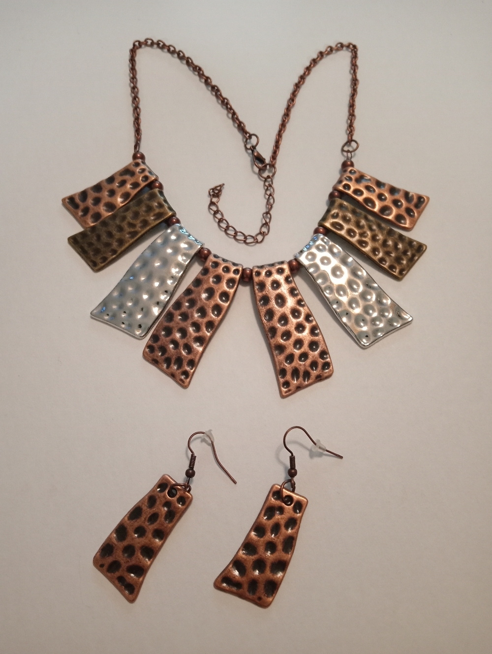 #1172. Copper And Silver Toned, Hammered Metal, Statement Necklace & Earrings